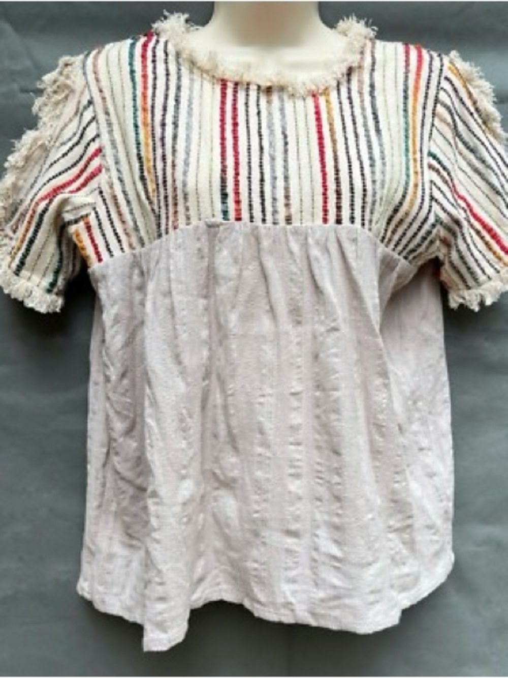 Altar'd State Cream and Multicolored Yarn Fringe Peasant Top